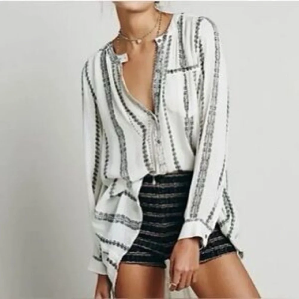Free People Shibori Magic Long-Sleeve Top Blouse Vanilla Combo Boho Tunic Size L